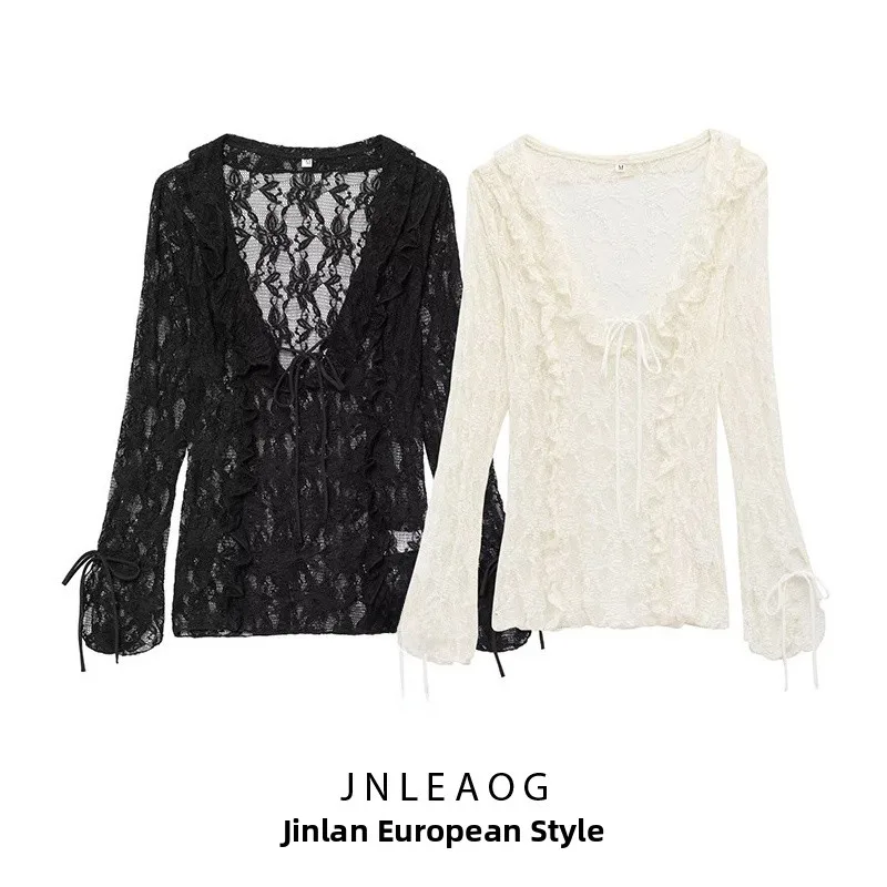 JNLEAOG 春の新作レディースファッションレースレイヤード装飾トップポリエステル繊維スリムフィット長袖 V ネック無地シャツ
