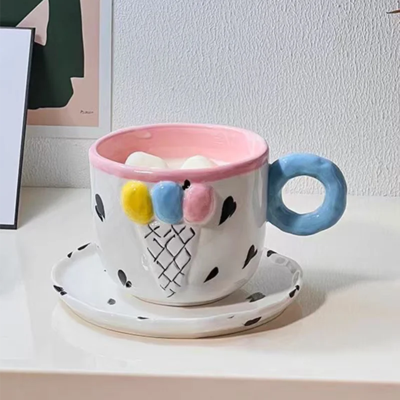 

Cute Hand-painted Relief Ice Cream Ceramic Coffee Cup with Saucer, Creative Office Water Cups Design Sense Mug Drinkware