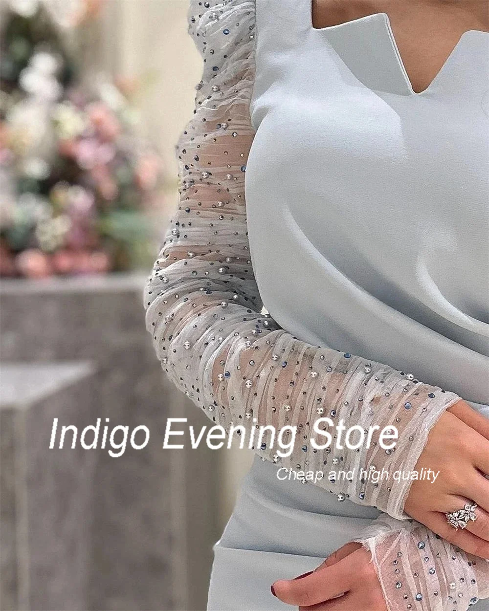 Indigo Evening Dresses Square Neck Beads Full Sleeves Tea-Length Formal Occasion Party Dress Women فستان حفلات الزفاف Customized