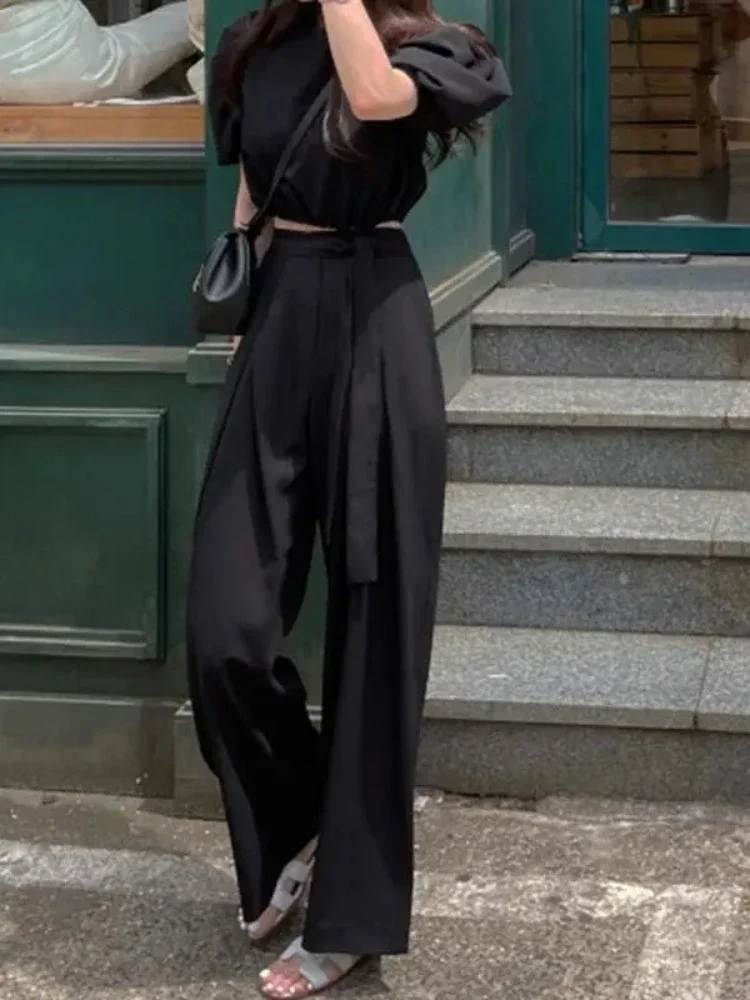 ฤดูใบไม้ผลิฤดูร้อนใหม่กางเกงวินเทจหลวมสีทึบขากว้าง Joggers กางเกงเอวสูงผู้หญิงกางเกงสีทึบ