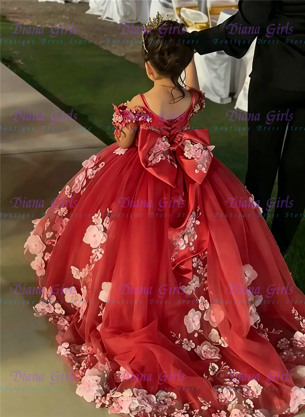 

Luxury Flowers Girl Dress Red Beaded Tulle Fluffy Knee Length for Children Wedding Birthday Party Pageant Evening Ball Gowns