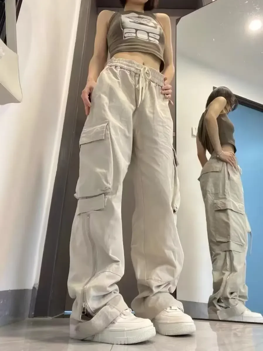 

2023 Side Pocket Cargo Pants Women's Trousers Baggy Y2k High Waist For Lovers Straight Casual Pants Drawstring New Pantalones