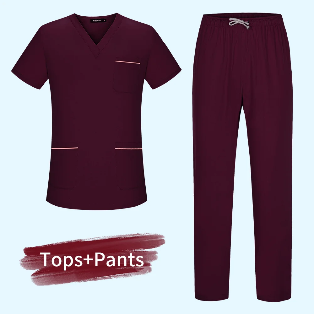 Scrubs Medizinische Uniform 2021 Kurzarm V-ausschnitt Tasche Pflege Arbeiter Chirurgische Anzüge Tops + hosen für Sommer Labor Staubdicht Uniformen