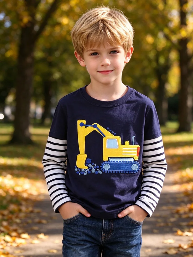 Little Hand Boys Embroidered Graphic Excavator Print Long Sleeve T Shirt Kids Striped Sleeve Tee for 2-7Y