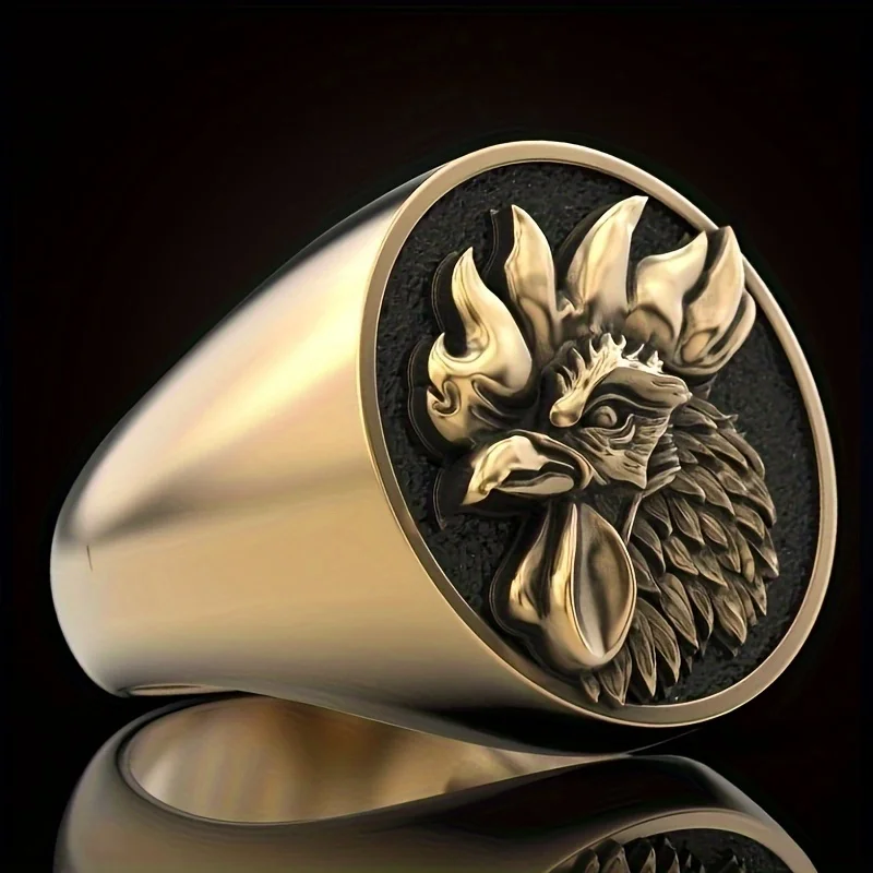 Personality Vintage Carving Rooster Punk Rings for Men Noble 14K Gold Plated Drip Oil Biker Rings Male Birthday Gift