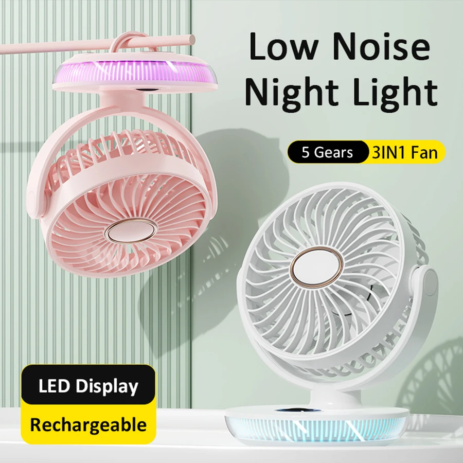 2024 Portable Fan Rechargeable Ceiling Fan Wall Mounted Fan with 8H Timing LED Digital Screen 180° Adjustable 7 Colorful Lights