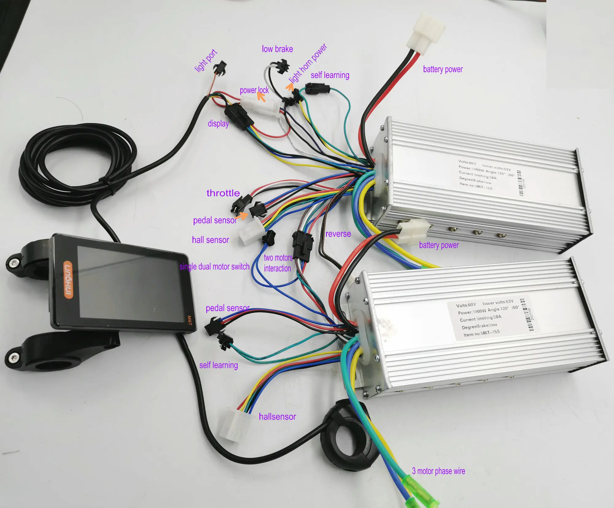 COLORED LCD DISPLAY M6T+DUAL MOTOR CONTROLLER 24V36V48V 450W600W800W1000W 9/12/15 MOSFET for ELECTRIC SCOOTER BIKE CONVERSION