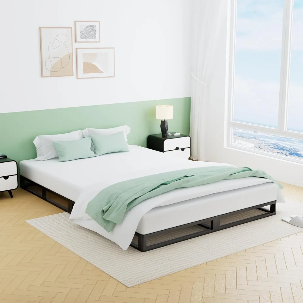 Cadre de lit King en métal de 5 pouces, coin rond, plate-forme basse, 3000 LBS, lattes en acier robustes, Support de matelas, fond de teint non
