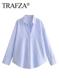 TRAFZA 2024 Summer Fashion Solid Blue Blouse For Women Elegant Long Sleeves Lapel Loose Single Breasted Office Lady Chic Shirts