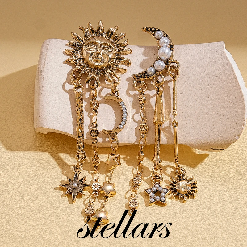 

Imitation Pearl Portrait Moon and Star Tassel Silver Stud Earrings, Vintage Distressed, Unique and High-End Feel Jewelry