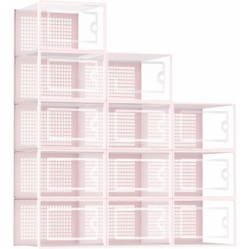 Shoe Organizers Storage Boxes , 12 Pack Clear Plastic Stackable Storage Bins with Lids , Fit up to Women's Size 10,Pink