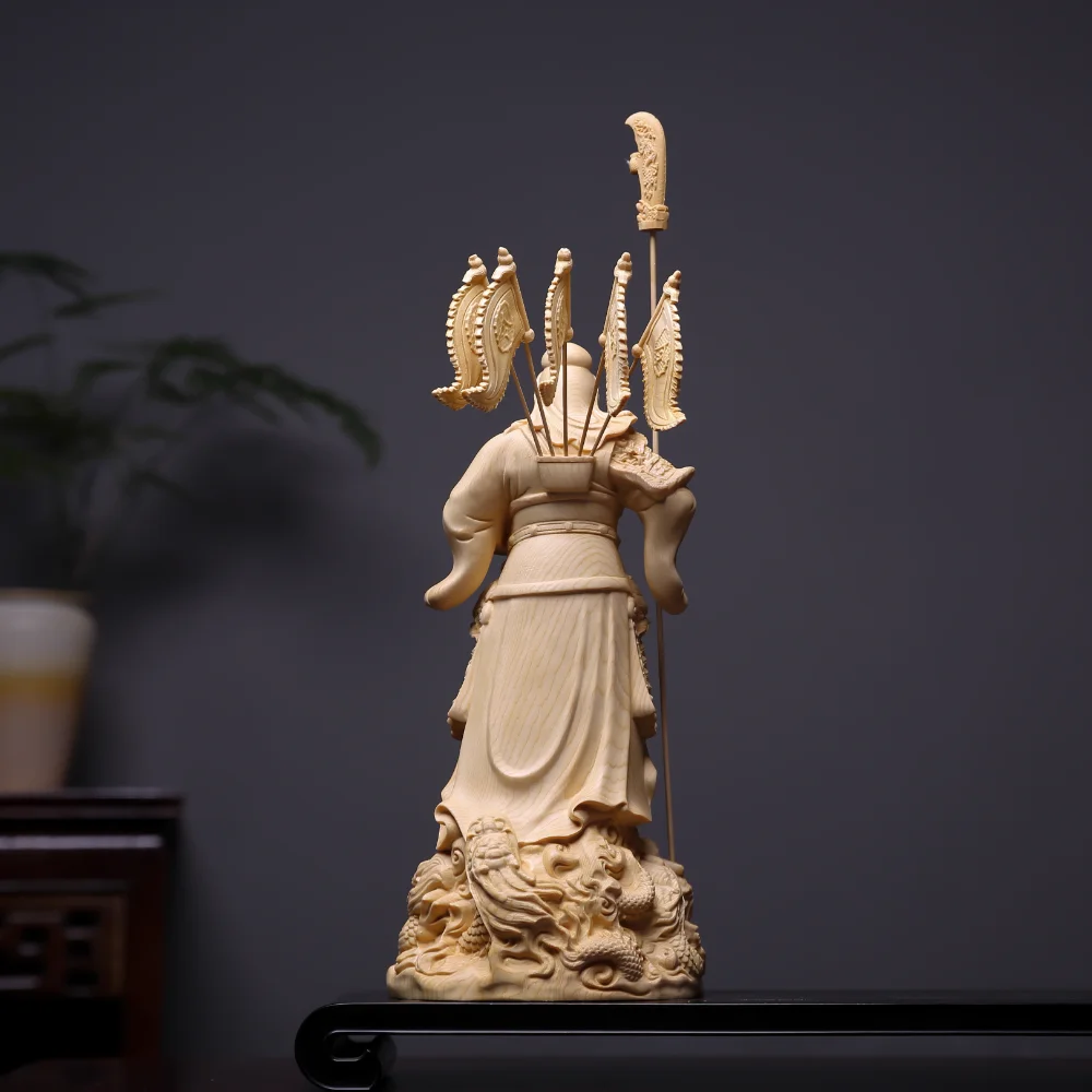Hand Carved Wooden Guan Gong Statue God of War & Wealth Cai Shen Figurine Ornament Feng Shui Nine Dragons Home Office Desk Decor view 4