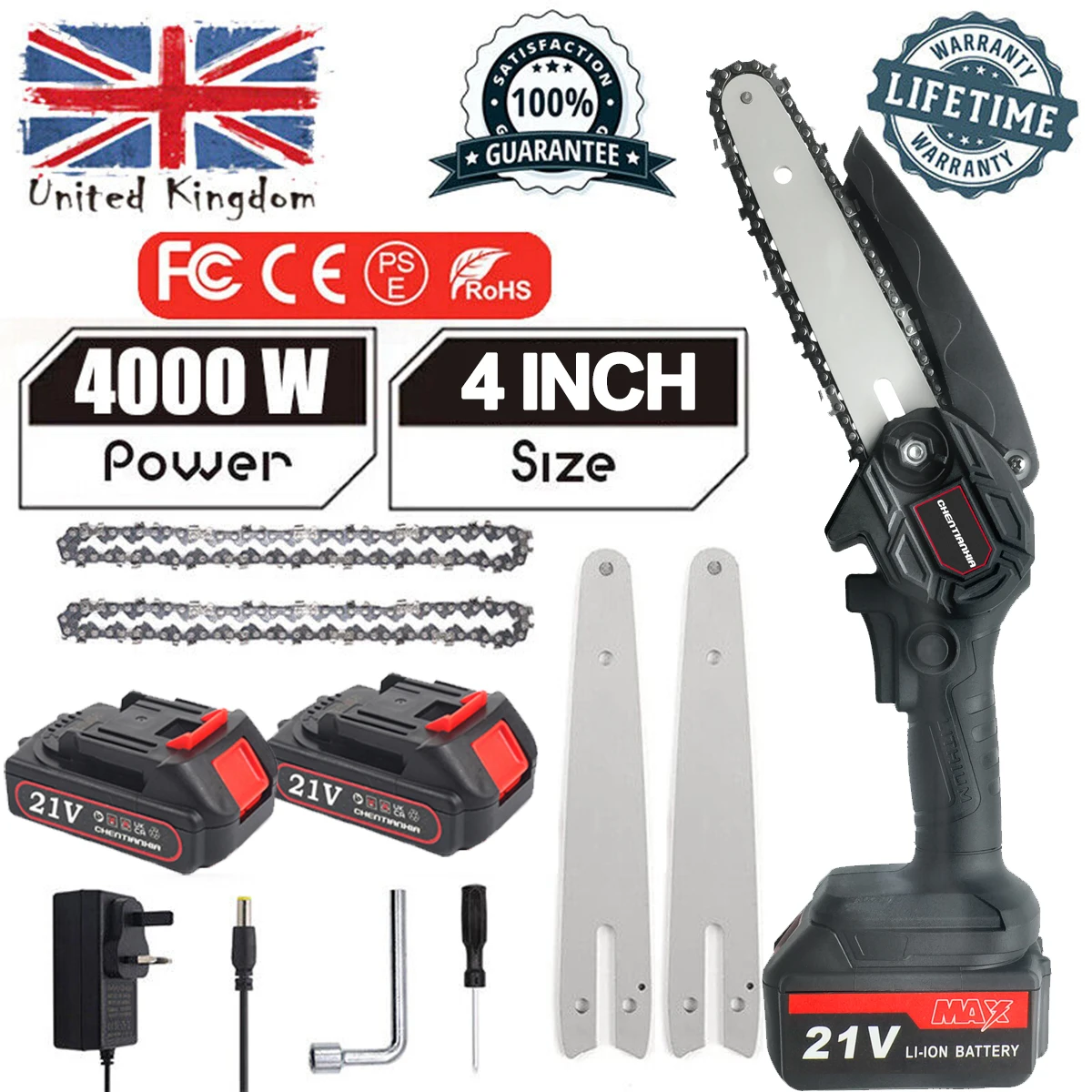 4'' 550W Mini Cordless Chainsaw Electric One-Hand Saw Wood Cutter +2 Batteries