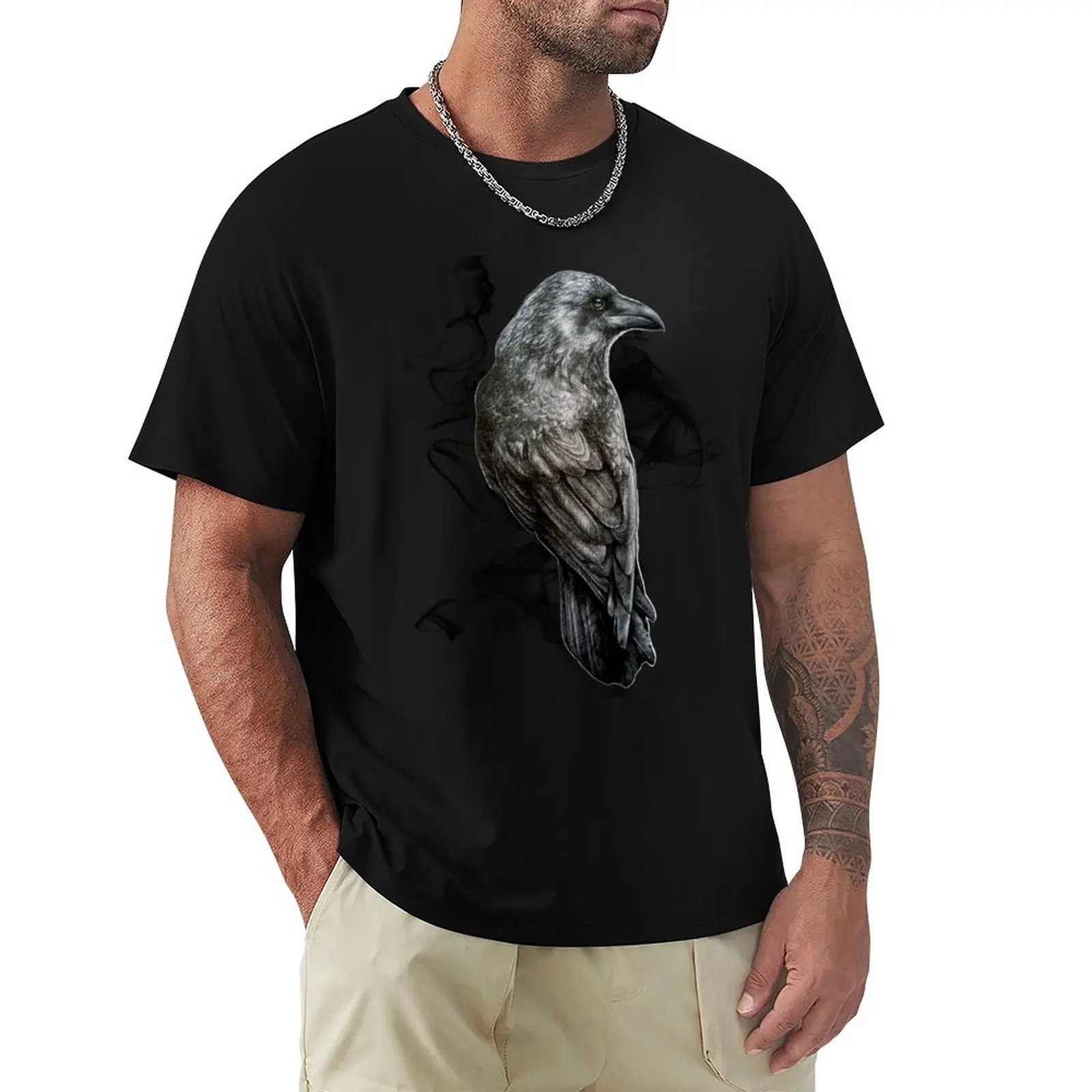 crow gothic bird raven realism drawing sketch tattoo T-Shirt Work Style Casual T-Shirt