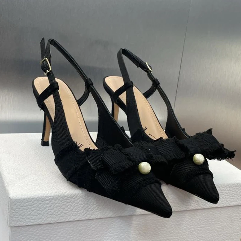 Bowknot Pearl Slingback Pointed Toe Stiletto Sandals Woman Summer 2026 Sexy Black Hollow High Heels Women's Shoes Luxury