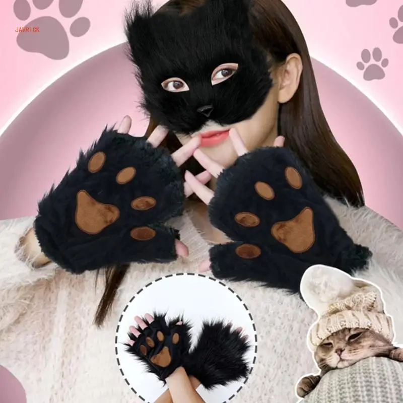 N1he máscara raposas gatos, máscara animais raposas com patas, luvas therians, conjunto máscara luvas para festa