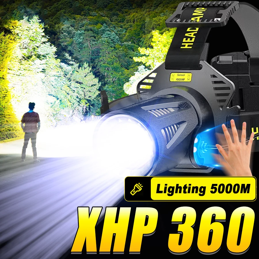 Powerful XHP360 LED Headlamp Motion Sensor Headlight USB Rechargeable Head Flashlight With Warning Light Fishing Camping Lamp