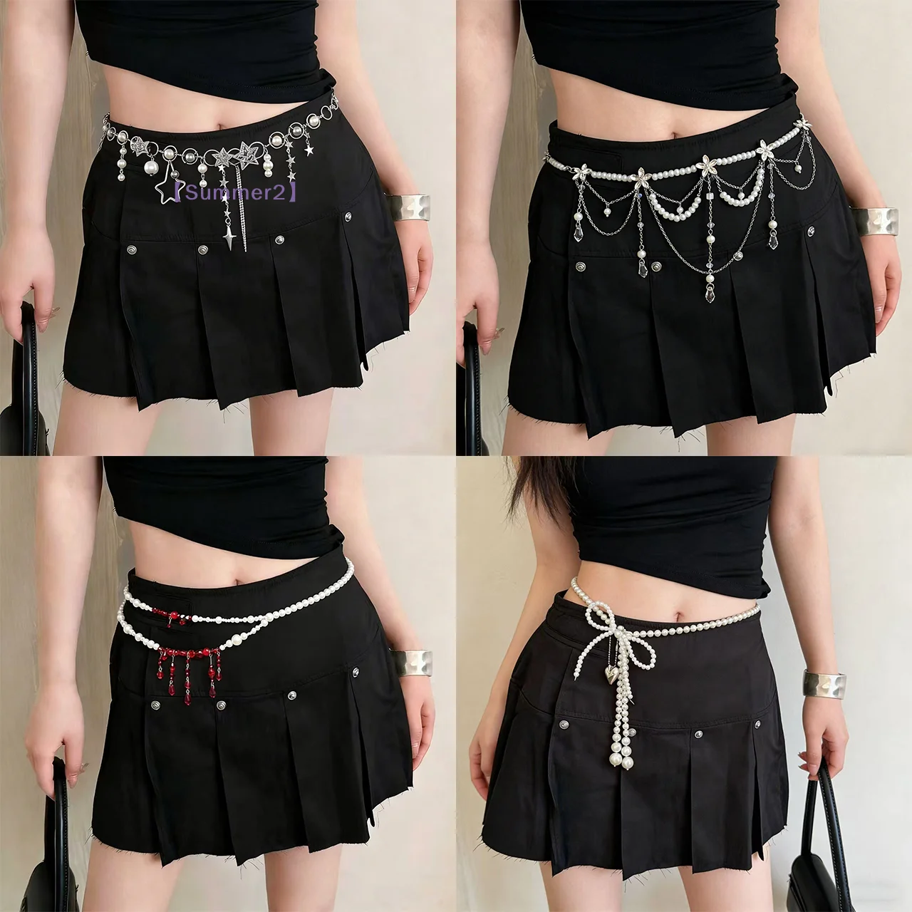 【Xia2】Y2K Shiny Rhinestone Pentagram Waist Chain For Women Bling Crystal Pearl Chain Tassel Belt Body Chain Jewelry{S}