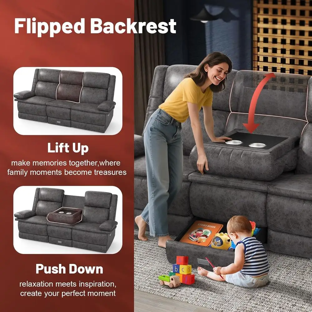 أريكة قابلة للاستلقاء بثلاثة مقاعد مع مسند ظهر قابل للتعديل ومنافذ USB وحاملات أكواب لغرفة المعيشة واستخدام RV