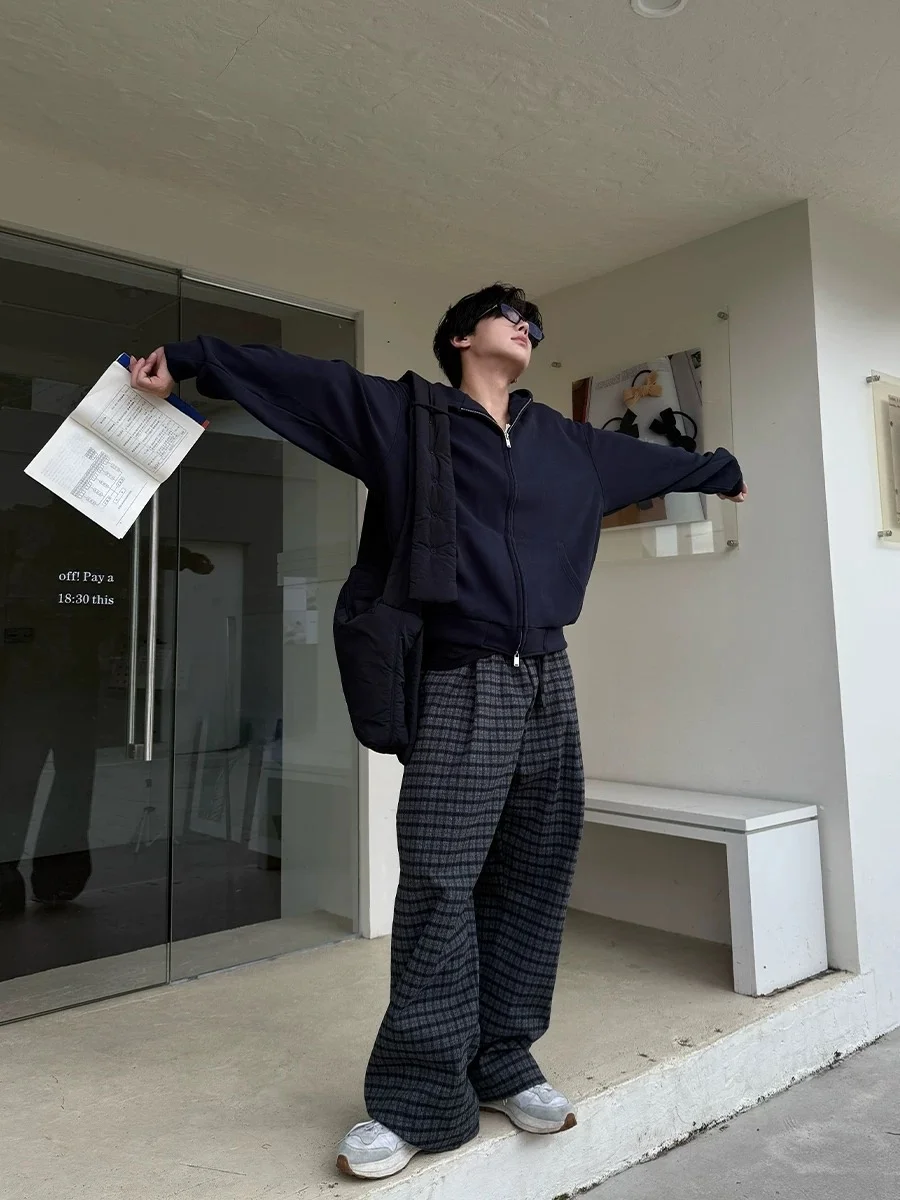 

Retro American Tweed Casual Pants Men's Autumn Winter Commute Loose Wide Leg Pants Polyester Fiber Long Sve Hoodie