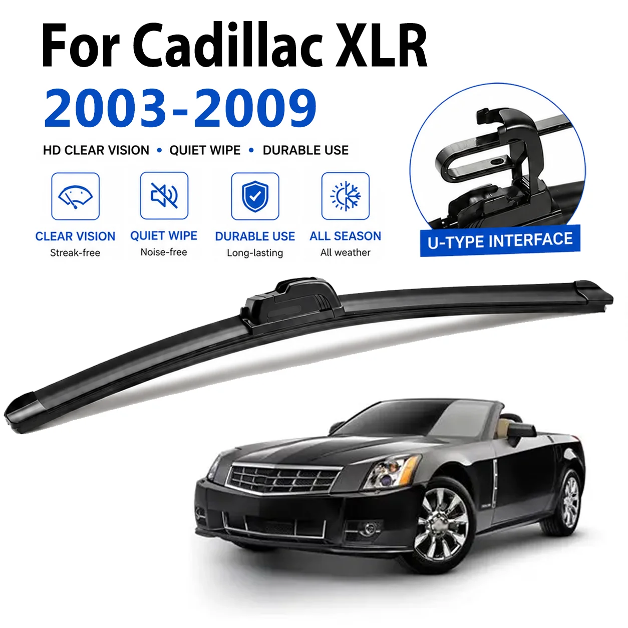 For Cadillac XLR 2003‑2009 2Pcs U‑Hook Front Windshield Wipers, Rubber High‑Definition Quiet Replacement Wiper Blades 20