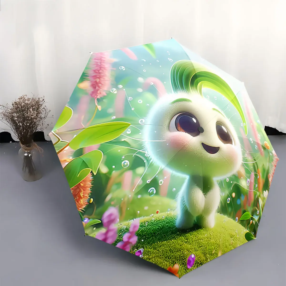 Cute Leaf-Haired Character with Cheerful Nature Scene portable waterproof sun rain umbrella for outdoor travel beach