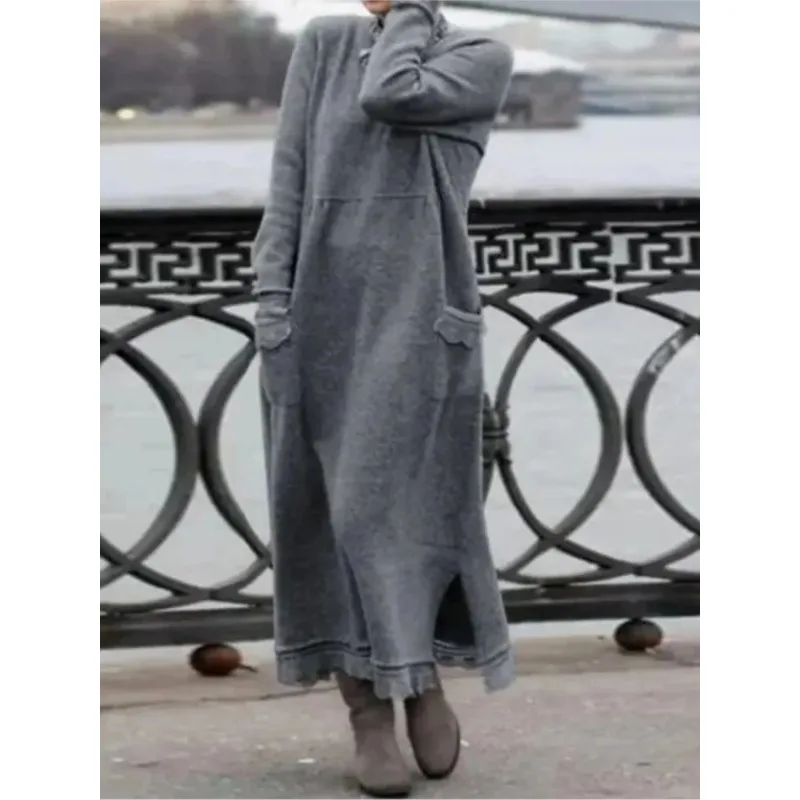 

Осень-зима Новые длинные платья для женщин Свободное платье макси с цветочным кружевом по краям Повседневное длинное женское однотонное платье с карманами Vestidos