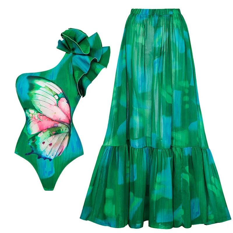 

Women's Ruffled One-piece Swimsuit with Butterfly Print Elegant Maxi Dress Beach Vacation Style Summer Holiday Swimwear