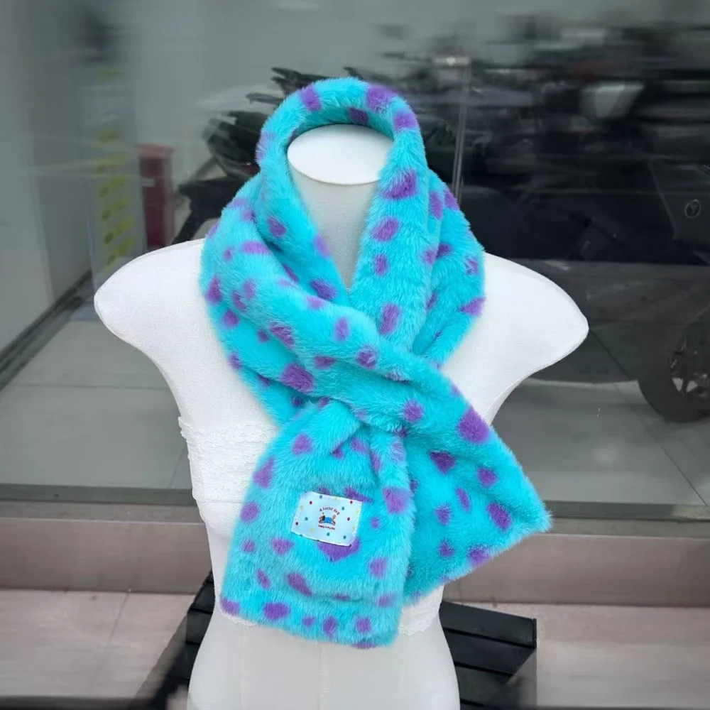 Vintage Winter Faux Fur Blue leopard Print Scarf Thick Warm Plush For Imitating Otter Rabbit Korean Style Decorative Accessories