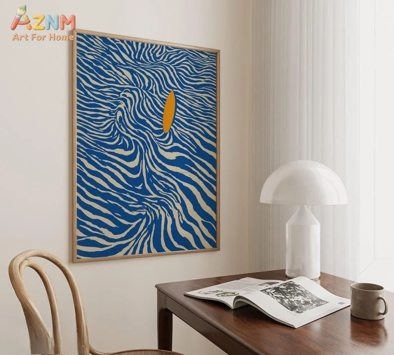 AZNM Toile murale abstraite bleue beige à motif tourbillonnant, impression géométrique moderne à lignes ondulées et ellipse jaune, toile non encadrée, style nordique pour salon