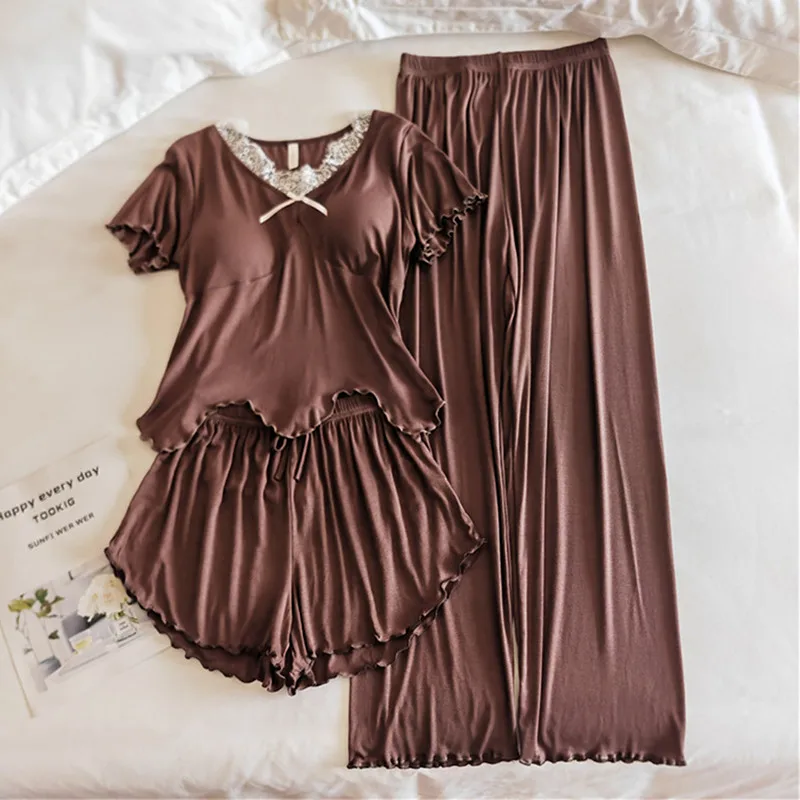 

New Short Sleeve Top Shorts Pant Set Sexy V Neck Chest Pad Modal Sleepwear Women Lounge Night Wear Pajamas 3 Pieces Homewear