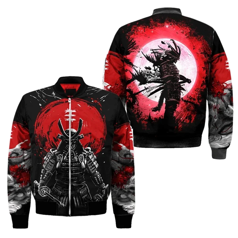 Spring Autumn Mens Bomber Jacket Samurai Oni Mask Tattoo 3D All Over Printed Zip Tracksuits Street Casual Zipper Jacket Clothing