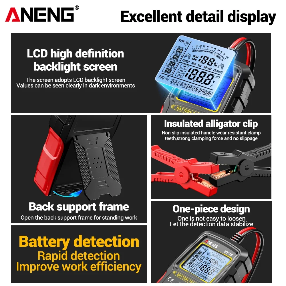 جهاز اختبار بطارية السيارة الرقمية BT175 جهاز اختبار المولد للسيارات مع مشبك التمساح المعزول مدقق البطارية أدوات المهنية
