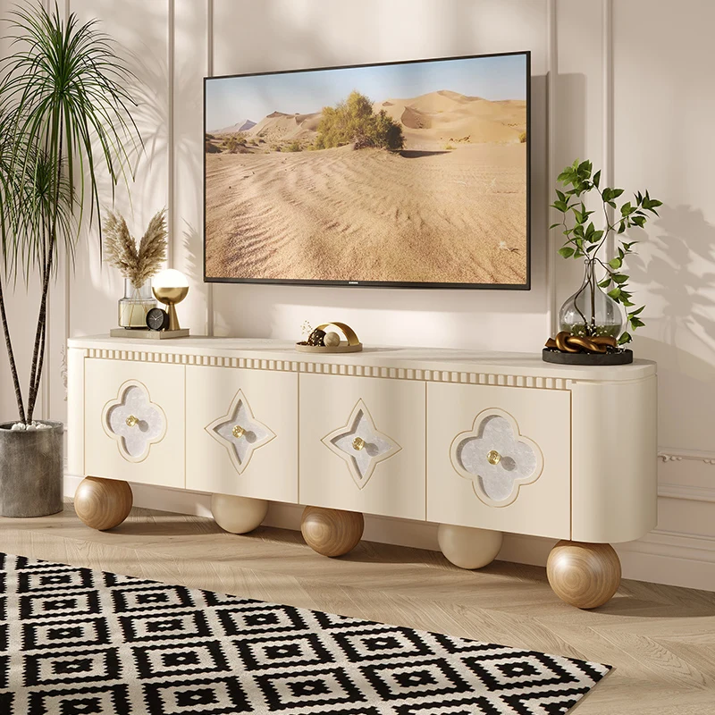 Premium living room home four leaf clover designer cream style solid wood floor standing TV cabinet