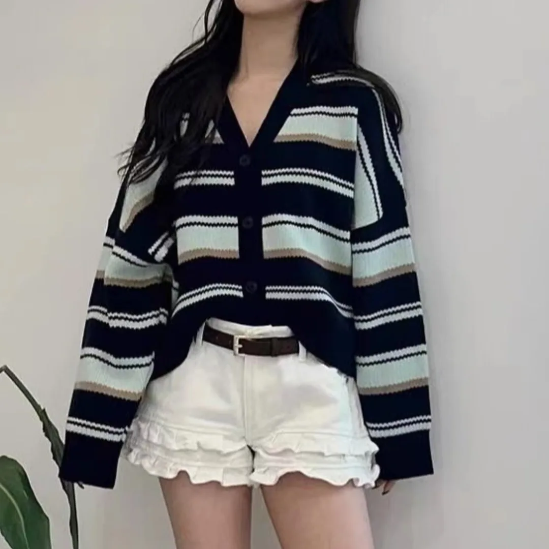 Damski sweter dzianinowy Thiened, luźny krój, jesień-zima, nowość, Dongda Gate, poziome paski, odzież wierzchnia, top.