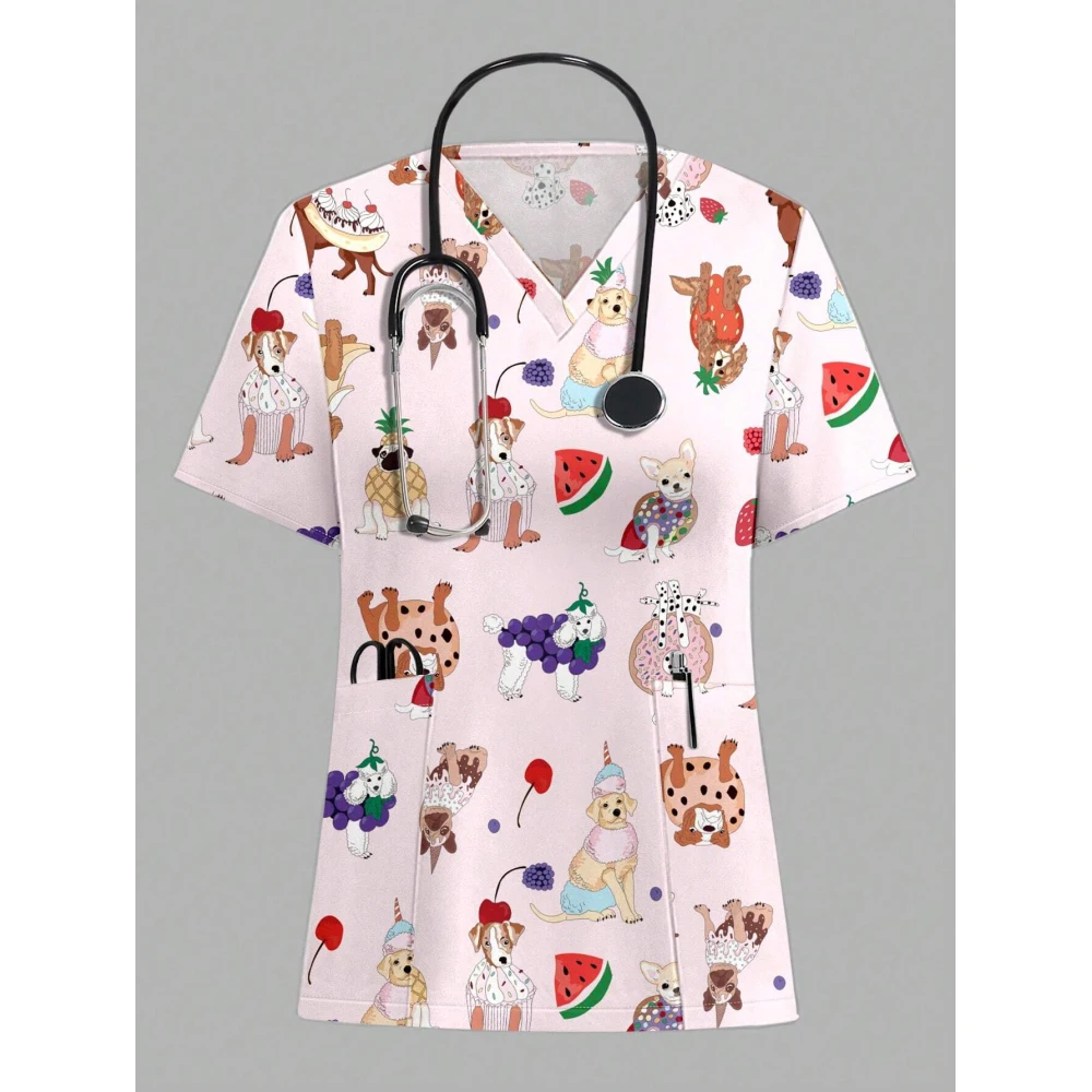 Cartoon Animal Nursing Scrubs Tops Women Nurse Uniform Women Fashion V-Neck Pocket Overalls Medical Uniforms Uniformes Woman ﻿