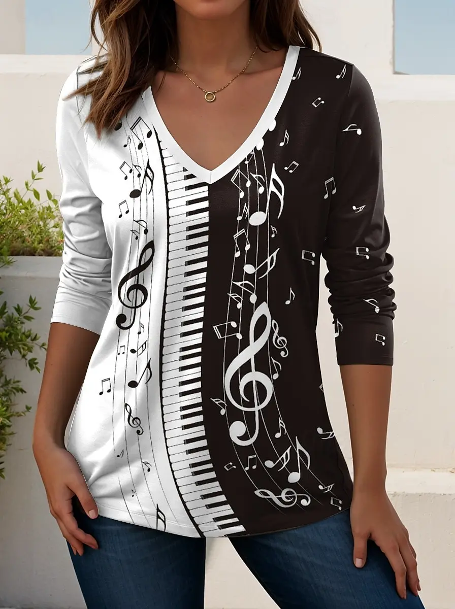 2025 Women's T-Shirts Music Festival Graphic Elegant Fashion Tees Long Sleeve T-shirts V-Neck Regular Tops Casual Pullover Fall