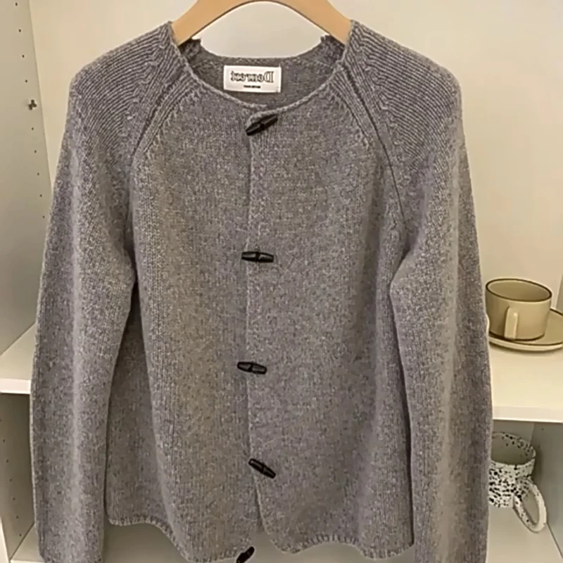 Knitted Cardigan Women Gray Vintage Coat Gentle Sweater Korean Style Slouchy Autumn V-neck Soft Cozy Simple Streetwear Temper