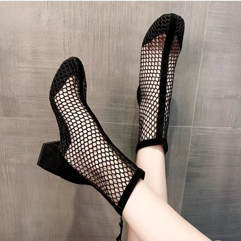 Summer Black Zipper Ankle Boots 2023 New Fashion Mesh Hollow Square Toe Chunky Heel Sandals Solid Color Women\'s High Heels