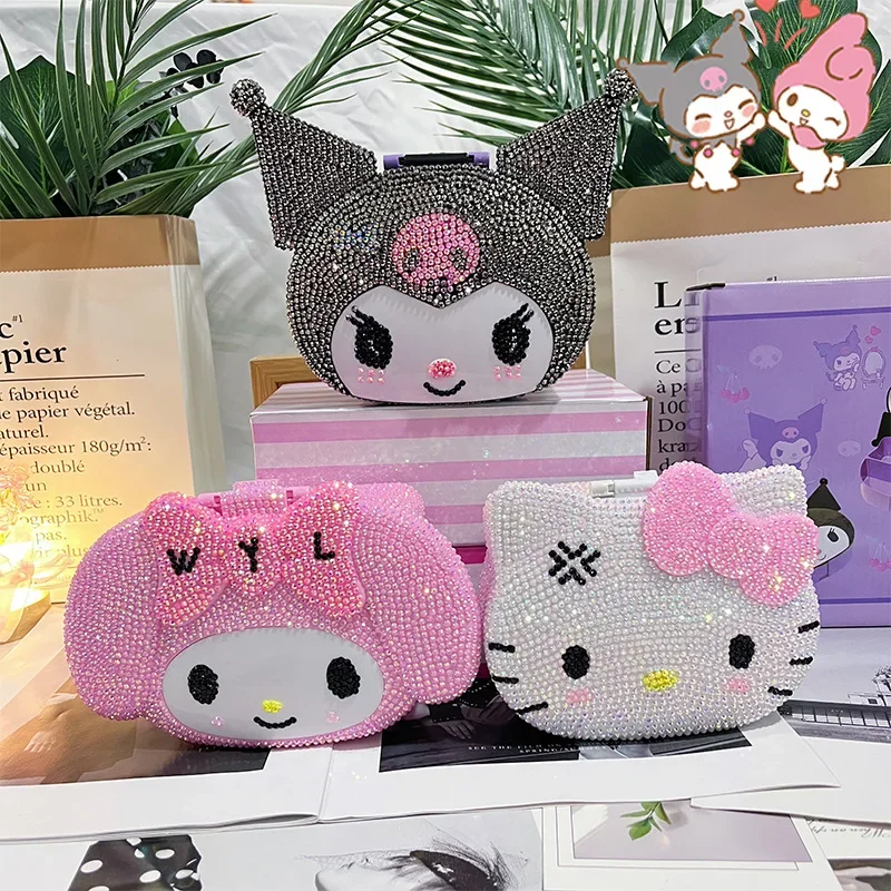 

Handmade hello kitty sticker drill makeup With mirror box Melody full diamond box Kulomi storage For Girls decoration accessorie