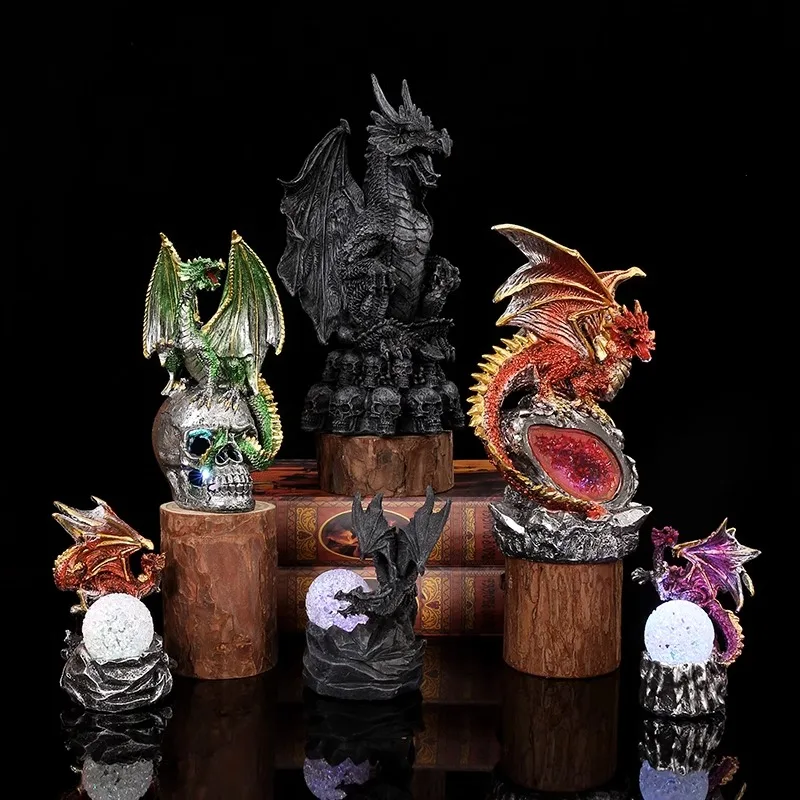 European Battle Dragon Sculpture,Luminous Dinosaur Egg Lava Resin Statue Ornaments Halloween Gift HomeChildren's room Decoration