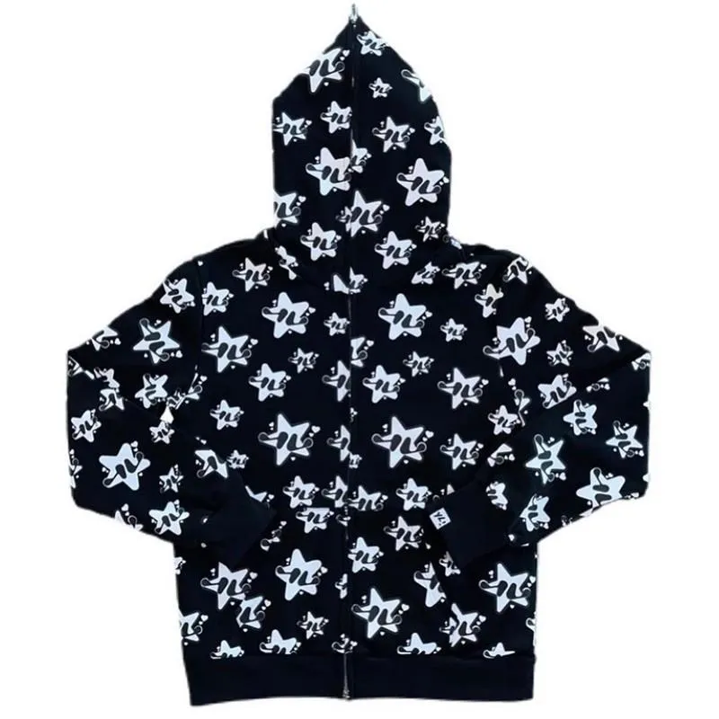 BIG PROMOTION Y2K Autumn/Winter Men\'s Strange Star Print Hooded Sweater New Korean Loose bf Trendy Commuter Coat