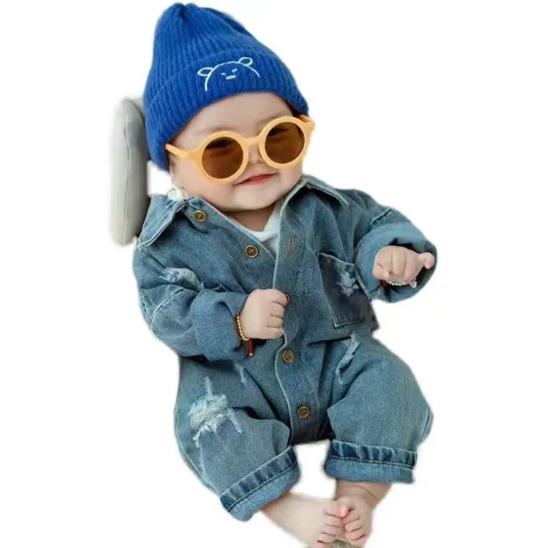 2 Pieces Set Denim Blue Newborn Romper with Hat Baby Photography Outfits Baby Jumpsuit Costume Photo Clothes