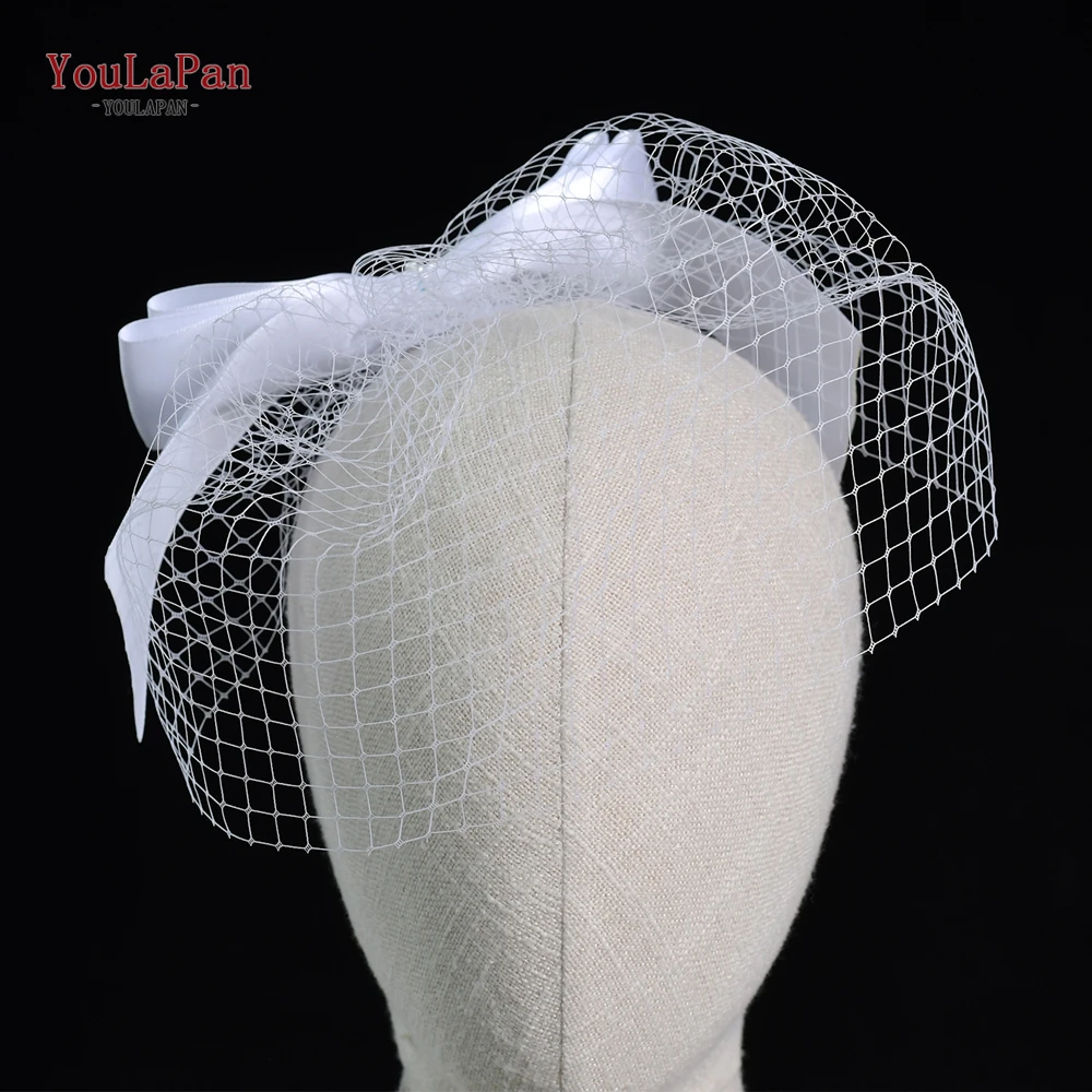 YouLaPan-velo corto con forma de jaula para pájaros, accesorio de boda para novia, velo de malla con rubor, lazo de satén, malla, Vestiti Eleganti Da Matrimonio VA03