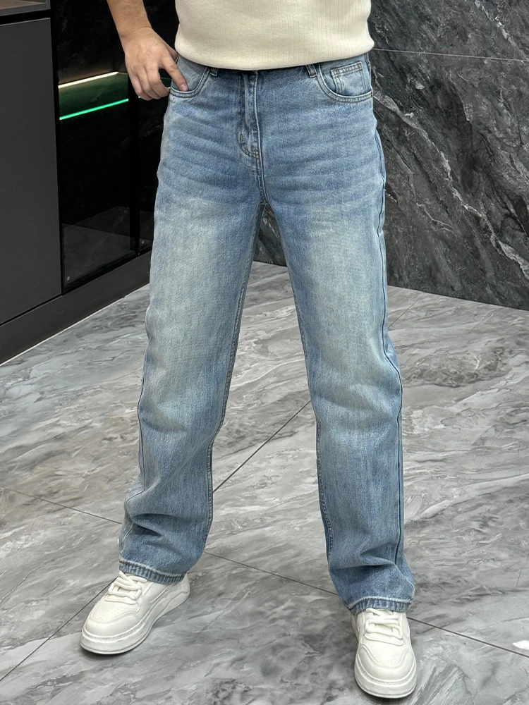

Модные синие джинсы мужские свободного кроя прямого кроя, повседневные длинные брюки, зимняя мода, простой дизайн, классические синие джинсы из денима, универсальные...