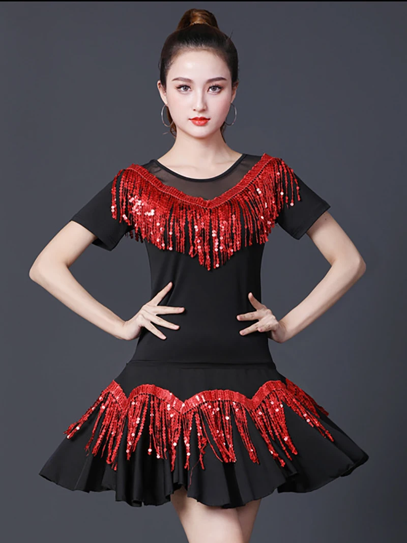 Adult Latin Dance Costume Costume Summer Glitter Sequin Large Swing Skirt Top and Skirts Modern Dance Women Ballroom Dancewear