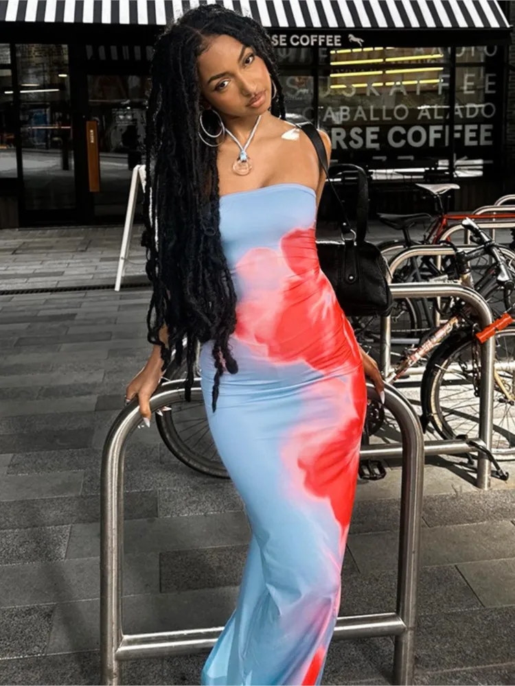 

Dresses 2025 Woman Sexy Slim Printed Strapless Slit Hip-packing Long Dress Simple Style Trendy Vestidos Temperament Casual Hot