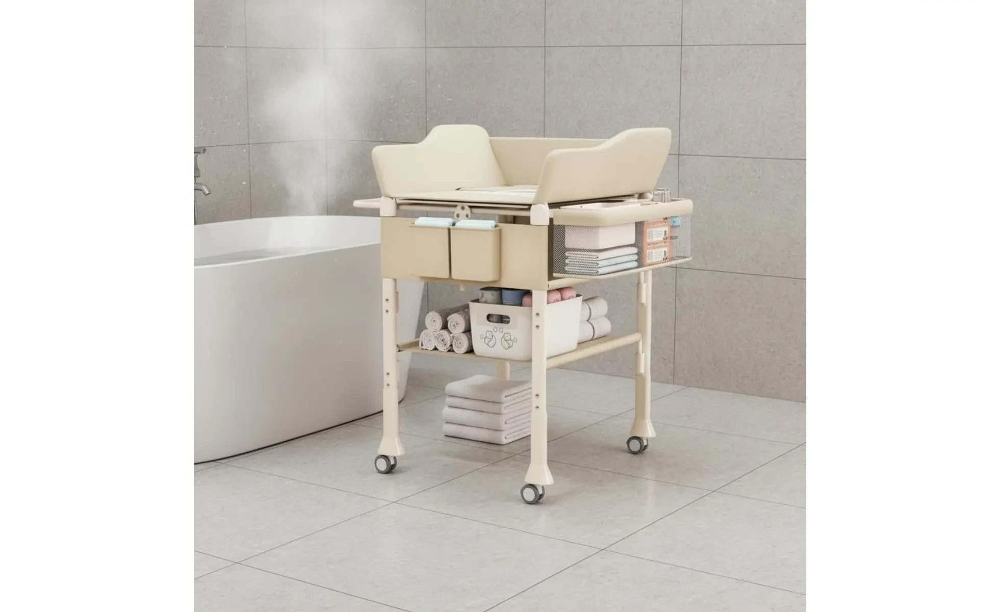 Baby Bath Changing Table Combo 2 in 1 Height Adjustable Baby Care Table Rolling Changing Station Easy to Fold Nursery Furniture Baby Bath Changing Table Combo 2 in 1 Height Adjustable Baby Care Table Rolling Changing Station Easy to Fold Nursery Furniture