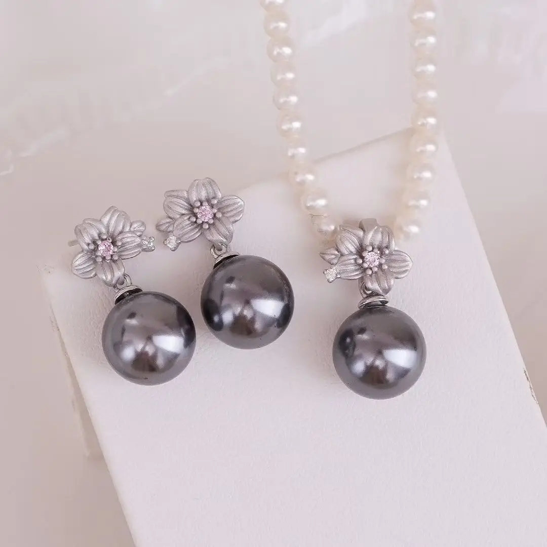 S925 Sterling Silver Pendant and Earrings Set Base Mounts Findings Mounting Jewelry Set Parts Fittings for 10-11mm Pearls
