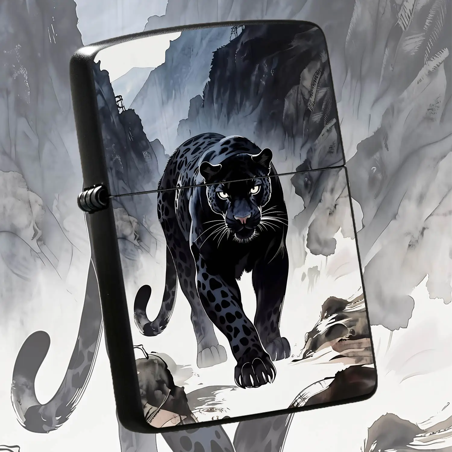Ink Wash Style Black Panther Pattern Lighter, Majestic WildMotif With Misty Mountain Background, Portable All-scenario Usable Igniter, Ideal For Daily Use Outdoor Activity Gifting And Personal A Humorous And Interesting Lighter